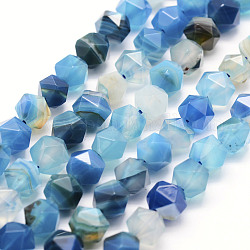 Chapelets de perles en agate à rayures naturelles/agates à bandes, étoiles coupées perles rondes, teints et chauffée, facette, bleu clair, 8~8.5mm, Trou: 1mm, Environ 48~50 pcs/chapelet, 14.9~15.1 pouce (38~38.5 cm)