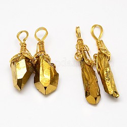 Electroplate Golden Wire Wrapped Gemstone Natural Crystal Pendants, Nuggets, Gold, 34~51x10~16x5~10mm, Hole: 4~5mm