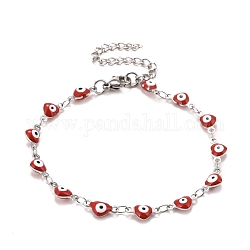 Coeur en émail avec bracelet chaînes à maillons mauvais œil, 304 bijoux en acier inoxydable pour femme, couleur inoxydable, rouge, 6-7/8 pouce (17.5 cm)