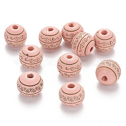 Perles de bois naturel peintes, motif gravé au laser, rond avec motif de congé, rose, 10x9mm, Trou: 2.5mm