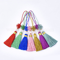 Polyester Tassel Big Pendant Decorations, with Jade Bead, Chinese Knot, Mixed Color, 70~76x14~18mm
