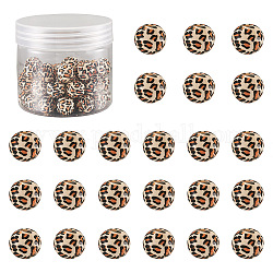 50pcs perles en bois naturelles imprimées, rond avec imprimé léopard, Pérou, 13x12mm, Trou: 3mm