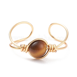 Natural Tiger Eye Round Beaded Open Cuff Ring, Copper Wire Wrap Gemstone Jewelry for Women, Golden, US Size 9(18.9mm)