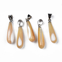 Natural Trochid Shell/Trochus Pendants, with Platinum Plated Brass Snap on Bails, Teardrop, BurlyWood, 23x6mm, Hole: 3.5x5mm