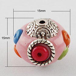Handmade Indonesia Beads, with Alloy Cores, Round, Antique Silver, Pink, 15x15x15mm, Hole: 2mm