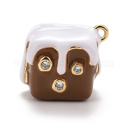 Clear Cubic Zirconia Pendants, with Rack Plating Real 18K Gold Plated Brass, with Jump Rings, Long-Lasting Plated, Lead Free & Cadmium Free & Nickel Free, Cube, Brown, 23x19.5x18mm, Hole: 1.8mm,  Side Length: 11.5