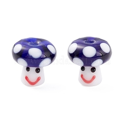 Perles vernissées manuelles, perles de champignon visage souriant, bleu, 13x13mm, Trou: 3mm
