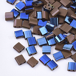2-Loch-Glasperlen, halb blau plattierte Farben, Viereck, Kokosnuss braun, 5x4.5~5.5x2~2.5 mm, Bohrung: 0.5~0.8 mm, ca. 1180 Stk. / Beutel
