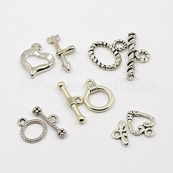 Tibetan Style Toggle Clasps, Mixed Shape, Antique Silver, Toggle: 12~29x9~24x1~4mm, Hole: 1~2mm, Bar: 11~32x5~10x1.5~5mm, hole: 1~4mm.
