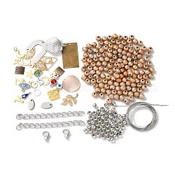 Kit de búsqueda de fabricación de joyas de diy, incluyendo alambre de acero, abalorios redondos de acrílico, cuentas y cierres de acero inoxidable y cadenas finales, colgantes de formas mixtas, color mezclado