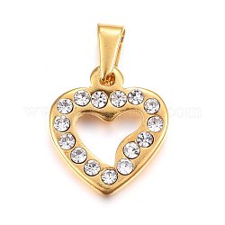 304 Stainless Steel Pendants, Large Hole Pendants, with Rhinestone, Heart, Crystal, Golden, 18.5x16x2.5mm, Hole: 6x3.5mm
