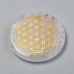 Cabochons en cristal de quartz naturel sur le thème des chakras, cabochons en cristal de roche, plat et circulaire avec fleur de la vie, 35x6~7mm