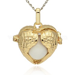 Goldener Ton Messing hohlen Herz Käfig Anhänger, ohne Loch lackiert Messingkugel-Perlen, weiß, 28x30x16 mm, Bohrung: 3x8 mm
