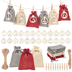 24 Stück, 3 Farben, rechteckige Weihnachts-Geschenktüten aus Leinen mit Nummer 1~24-Anhänger-Ornamenten, mit Holzklammern, festliche Dekorationen, Mischfarbe, Tasche: 14x8.9x0.4cm, 8 Stk. je Farbe