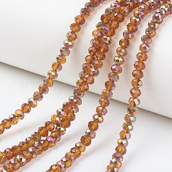 Electroplate Transparent Glass Beads Strands, Half Rose Gold Plated, Faceted, Rondelle, Dark Orange, 4x3mm, Hole: 0.4mm, about 123~127pcs/strand, 16.5~16.9 inch(42~43cm)