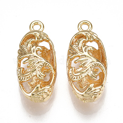 Brass Pendants, Hollow, Oval with Flower, Nickel Free, Real 18K Gold Plated, 20x9x7mm, Hole: 1.5mm
