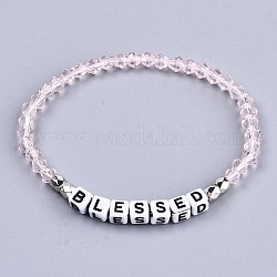 Bracelets extensibles en perles de verre bicône à facettes, bracelets inspirants, avec des perles de lettres acryliques cubes, mot béni, rose, diamètre intérieur: 2-1/8 pouce (5.3 cm)