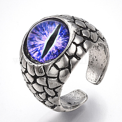 Alloy Glass Cuff Finger Rings, Wide Band Rings, Dragon Eye, Antique Silver, Blue Violet, Size 9, 19mm
