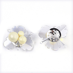 Cabochons en verre, avec disques perforés en acrylique et en fer platiné, fleur, jaune verge d'or clair, 27~30x29~31x14mm