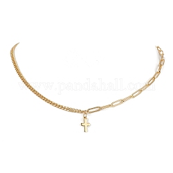 304 Stainless Steel Cross Pendant Necklaces, with Brass Paperclip & Curb Chains, Golden, 17.76 inch(45.1cm)