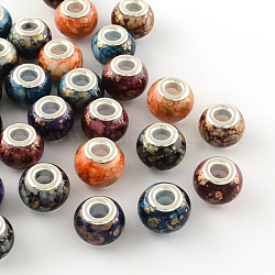Rondell lackiert Glas Europäischen Perlen mit großem Loch, mit versilberten Messingkernen, Mischfarbe, 14~15x11~12 mm, Bohrung: 5 mm