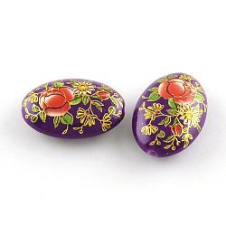 Perle acriliche ovali con stampa opaca, modello di fiore, viola scuro, 29x20x10mm, Foro: 2 mm