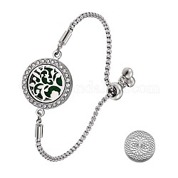 Bracelet diffuseur d'huiles essentielles, alliage arbre de vie médaillon lien curseur bracelet avec cristal strass pour les femmes, platine, verte, 9-1/2 pouce (24 cm)