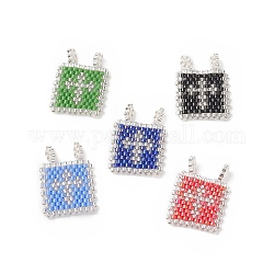 Métier à tisser fait main motif perles de rocaille miyuki, rectangle avec pendentifs croix, couleur mixte, 23x17x1.5mm, Trou: 1.8mm