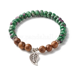 Bracelet extensible reiki rubis naturel et perles de bois de wengé, bracelet à breloques en alliage de feuille pour fille femme, diamètre intérieur: 2-1/8 pouce (5.3 cm)