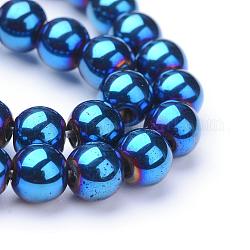 Chapelets de perles en hématite synthétique sans magnétiques, Grade a, ronde, bleu plaqué, 8mm, Trou: 1mm, Environ 50~52 pcs/chapelet