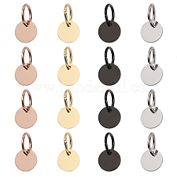 CHGCRAFT 16Pcs 4 Colors 304 Stainless Steel Manual Polishing Charms, Stamping Blank Tag, with Jump Rings, Flat Round, Mixed Color, 10x1mm, Hole: 7.5mm, 4pcs/color