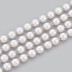 Catene di perline fatte a mano in ottone, saldato, con la bobina, perla d'imitazione plastica abs, vero placcato oro 18k, bianco, 6x5.7mm, circa 16.4 piedi (5 m)/rotolo