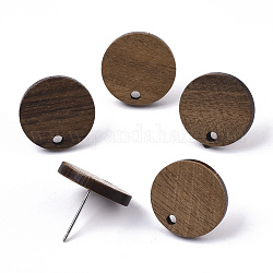 Accessoires de boucles d'oreilles en bois de noyer, avec épingle en 304 acier inoxydable, plat rond, brun coco, 15mm, Trou: 1.8mm, pin: 0.7 mm