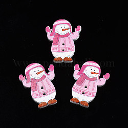 Botones navideños de madera de arce pintados con spray de 2 agujero, Impreso a soltero-cara, muñeco de nieve, color de rosa caliente, 35x26x2mm, agujero: 1.8 mm
