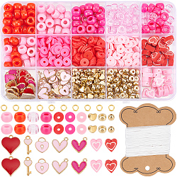 Sunnyclue kit fai da te per creare braccialetti di San Valentino, disco di argilla polimerica e perline di abaco in plastica, ciondolo smaltato in lega con cuore, serratura e chiave, roso, 720pcs/scatola