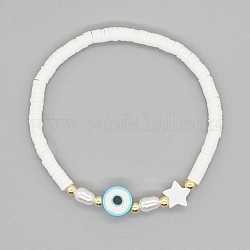 Bracelet extensible en perles de coquillage, étoile et mauvais œil, bracelet preppy surfeur heishi en pâte polymère pour femme, cyan clair, 6-7/8 pouce (17.5 cm)