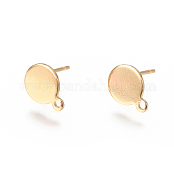 304 Stainless Steel Ear Stud Components, with Loop and Flat Plate, Flat Round, Golden, 10.5~12x8mm, Hole: 1.2mm, Pin: 0.7mm