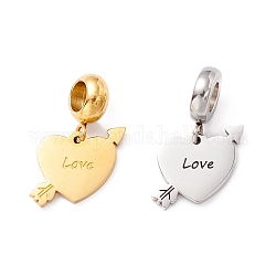 304 Stainless Steel European Dangle Charms, Large Hole Pendants, Heart with Arrow & Word Love, Golden & Stainless Steel Color, 21.5mm, Hole: 4.5mm