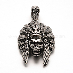304 Stainless Steel Big Pendants, Indian Skull, Antique Silver, 53x35x14mm, Hole: 12x5mm