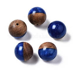 Cuentas de resina y madera de nogal, dos tonos, redondo, azul, 15~15.5mm, agujero: 1.6 mm