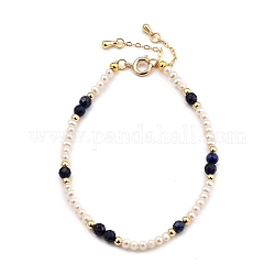 Beaded Bracelets, with Natural Pearl Beads, Natural Lapis Lazuli Beads, Brass Beads & Spring Ring Clasps, Golden, 19.7cm(7-3/4 inch)