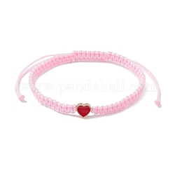 Braccialetti regolabili con perline intrecciate in filo di nylon, con cuore in lega smaltata, per donne, roso, diametro interno: 2-3/8~4-1/8 pollice (6.1~10.6 cm)