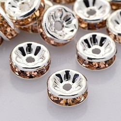 Perles séparateurs en laiton avec strass, Grade a, bride droite, couleur argentée, rondelle, Light Peach, 6x3mm, Trou: 1mm