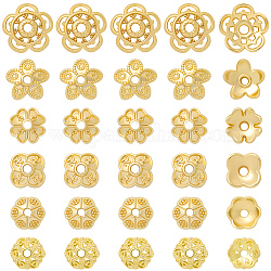 Beebeecraft 120Pcs 6 Style Brass & Alloy Bead Caps, Long-Lasting Plated, Flower, Real 14K Gold Plated, 6~10.5x2~3mm, Hole: 1.2~1.4mm, 20pcs/style