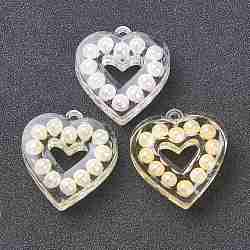 (vendita di closeout difettosa: ingiallimento), Ciondoli arilico trasparente, con perla in plastica imitazione abs, cuore, bianco, 31x29.5x8mm, Foro: 2 mm
