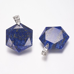 Pendentifs en lapis lazuli naturel, facette, hexagramme, platine, 32x28x9mm, Trou: 5x9mm