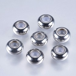201 Stainless Steel Beads, with Plastic, Slider Beads, Stopper Beads, Rondelle, Stainless Steel Color, 7x3.5mm, Hole: 1mm
