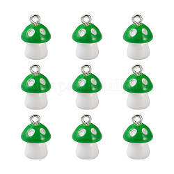 Plastic Pendants, with Platinum Plated Iron Loop, Mushroom with Polka Dots, Green, 17.5x11.5x12mm, Hole: 1.5mm