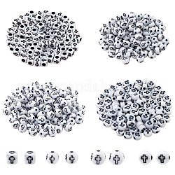400pcs 4 styles de perles acryliques opaques, cube & rond & plat rond avec croix, blanc, 6~10x6~10x4~9.5mm, Trou: 1.8~3mm, 100 pièces / style