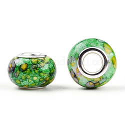 Perle europee in resina opaca, cristallo imitazione, perline bicolore a foro largo, con doppio nucleo in ottone tono argento, rondelle, verde lime, 14x9.5mm, Foro: 5 mm